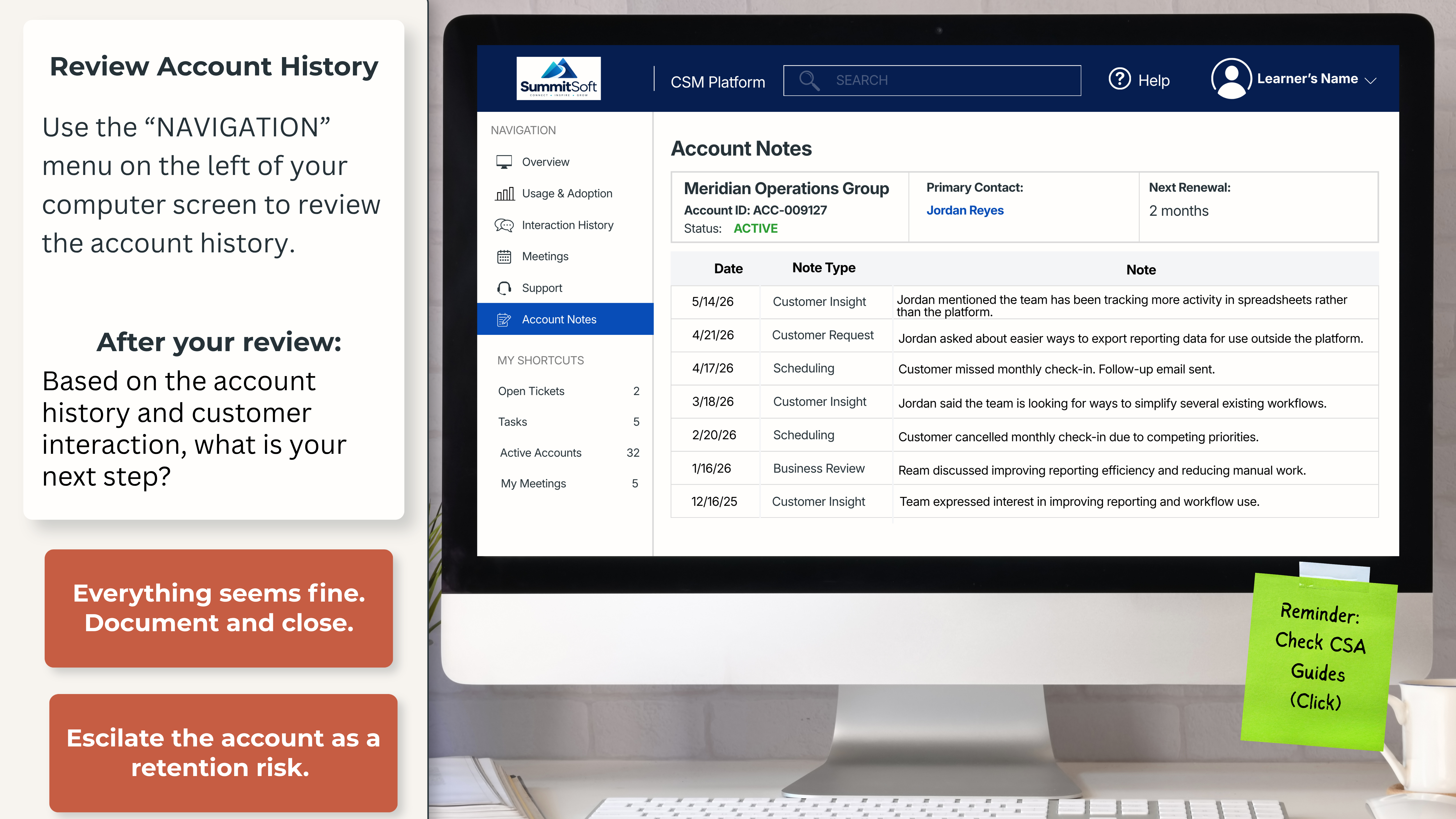 CSM Platform, Account Notes for Meridian Operations Group.